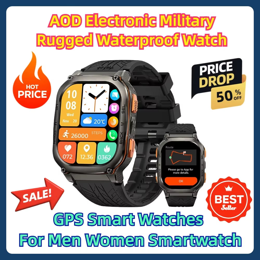 AOD Electronic Military Rugged Waterproof Watch GPS Smart Watches for Men Women Smartwatch