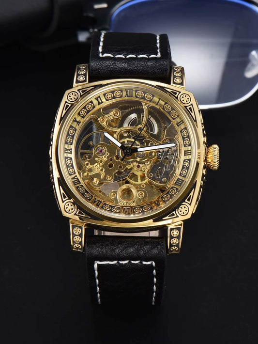 Automatic Watch Retro Style Wholesale Mechanical Wristwatches Skeleton Carve Waterproof Leather No Logo Mens Watch