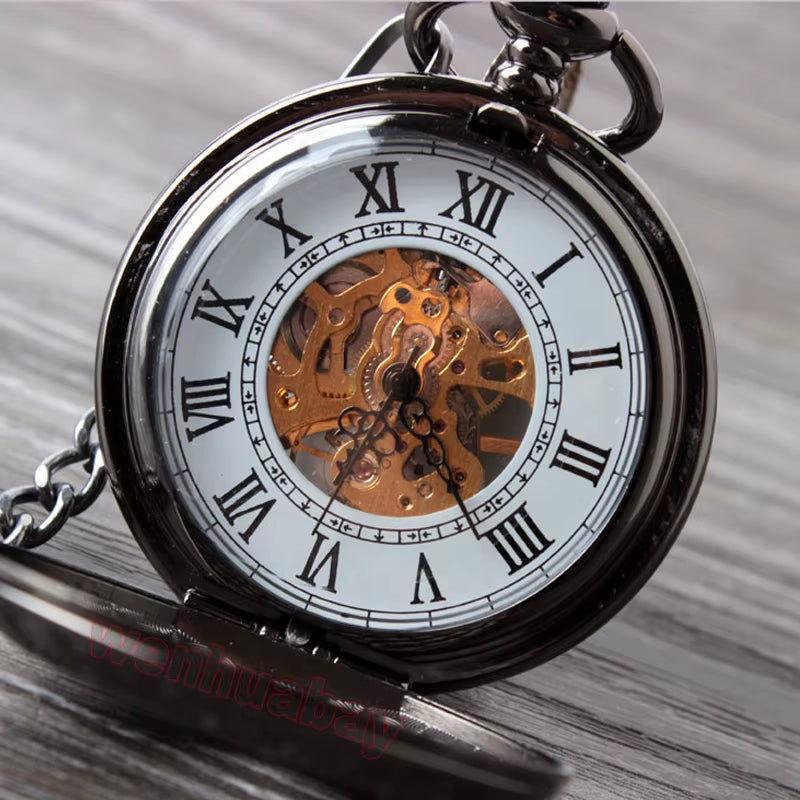 Retro Hand Wind Mechanical Pocket Watch with Fob Chain Mens Hollow Skeleton Dial Black Steel Fashion Quartz Pocket Watch Gifts