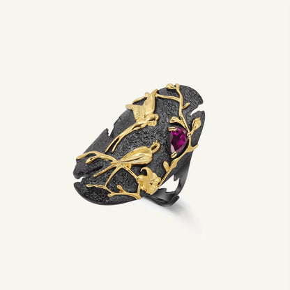 Nature Rhodolite Garnet Adjustable Cocktail Rings for Women 925 Sterling Silver Handmade Golden Bird Art Jewelry