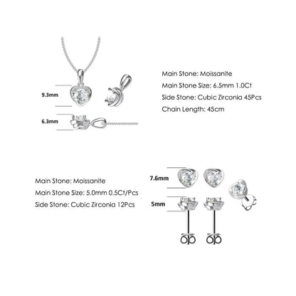 925 Sterling Silver Moissanite Jewelry Set for Women Wedding Moissanite Diamond Heart Pendant Necklace Earrings Set