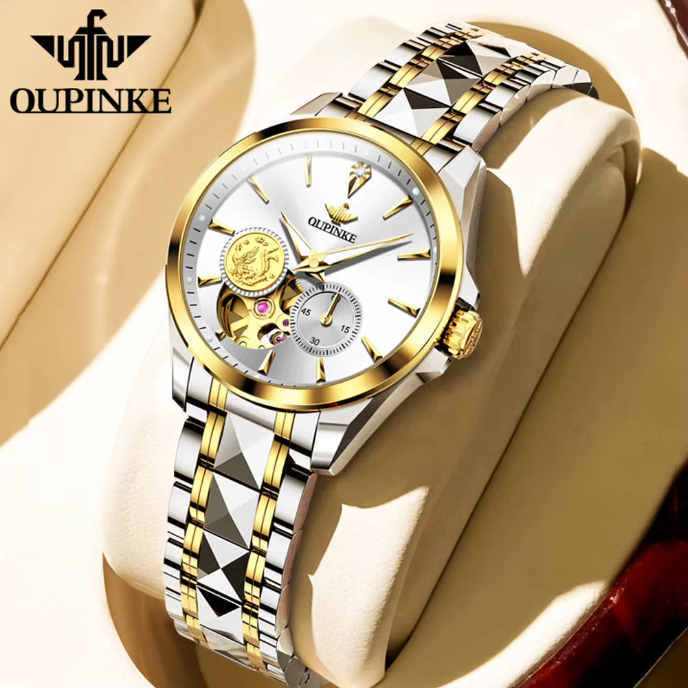 Luxury Brand Automatic Watch for Women Gold Wristwatch Skeleton Tungsten Steel Waterproof Lady Bracelet Wristwatch Set