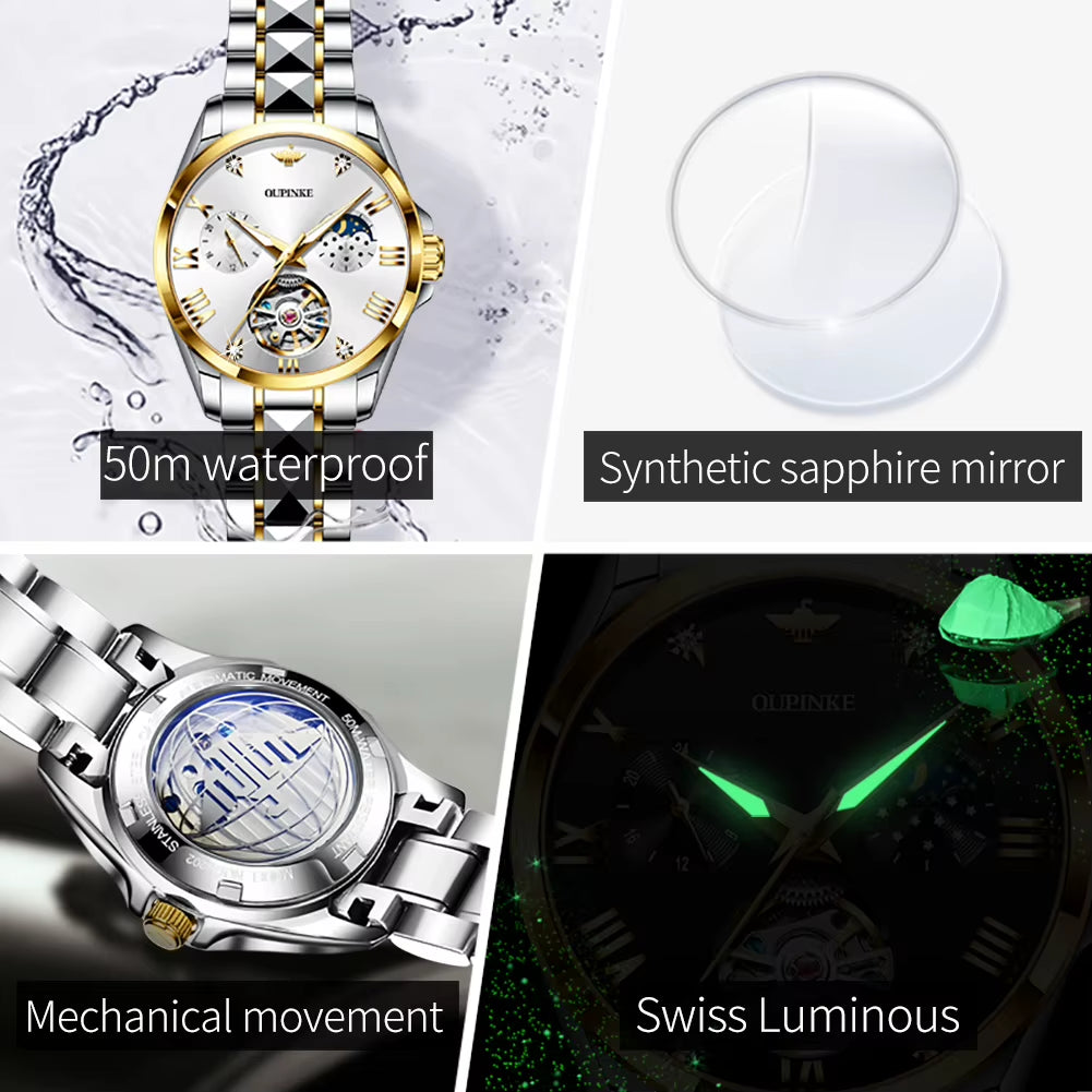 3202 Skeleton Flywheel Mechanical Wrist Watch for Women Moon Phase Chronograph Waterproof Elegant Ladies Automatic Watch