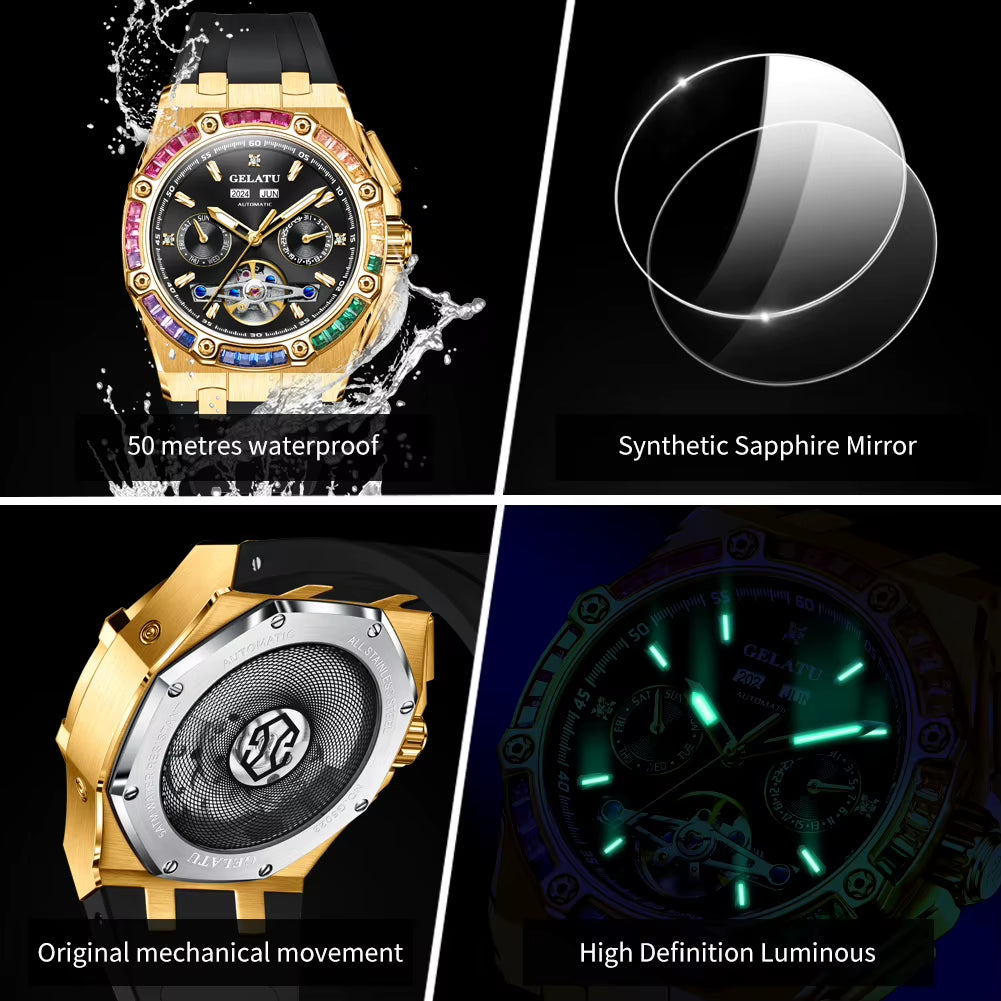 6022 Man Watch Brand Original Silicone Strap Hollow Out Rainbow Diamond Men'S Mechanical Wristwatch Dual Calendar Busines