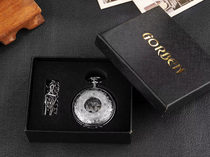 Retro Hand Wind Mechanical Pocket Watch with Fob Chain Mens Hollow Skeleton Dial Black Steel Fashion Quartz Pocket Watch Gifts