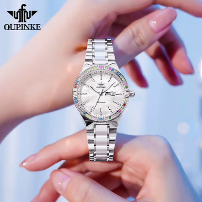 Mechanical Watch for Women Stainless Steel Ceramic Strap Sapphire Mirror Waterproof Luminous Calendar Week Ladies Watch