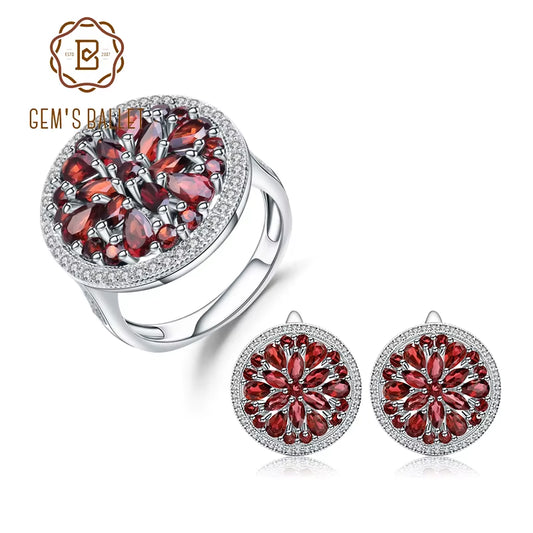 11.65Ct Natural Red Garnet Earrings Cocktail Ring Set 925 Sterling Silver Gemstone Vintage Jewelry Set for Women