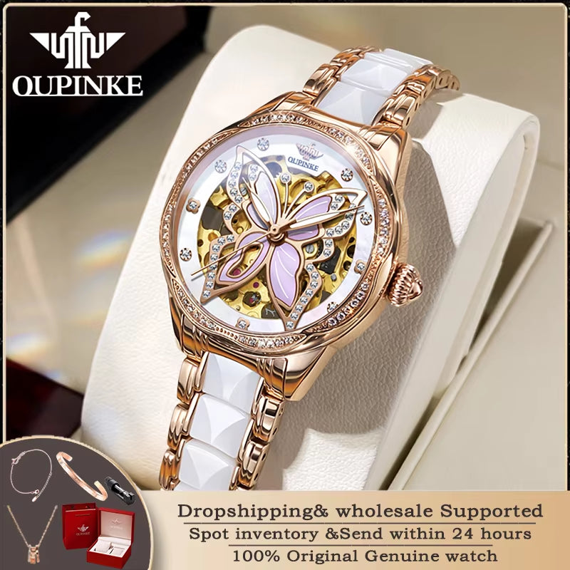 3239 Elegant Ceramic Automatic Machinery Women'S Watch Luxury Diamond Butterfly Skeleton Women Bracelet Set Reloj Mujer