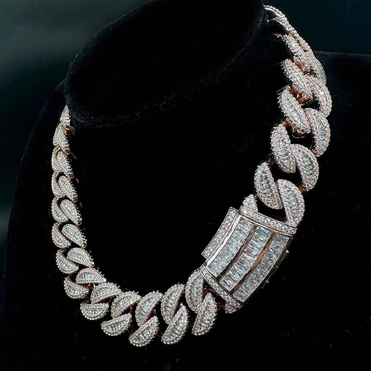 Baguette Cuban Link Chain for Men Iced Out Prong Setting Necklace Choker Real Gold Plated Hip Hop Jewelry