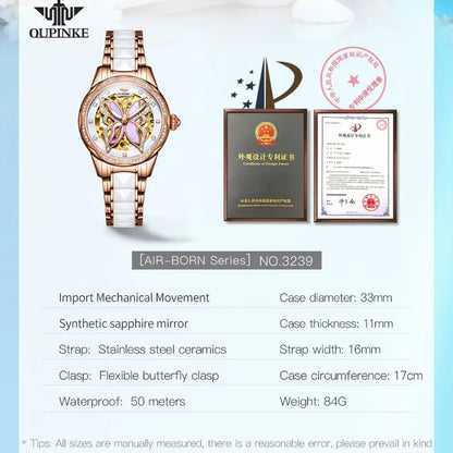 3239 Elegant Ceramic Automatic Machinery Women'S Watch Luxury Diamond Butterfly Skeleton Women Bracelet Set Reloj Mujer