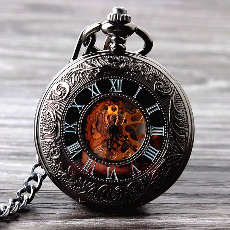 Retro Hand Wind Mechanical Pocket Watch with Fob Chain Mens Hollow Skeleton Dial Black Steel Fashion Quartz Pocket Watch Gifts