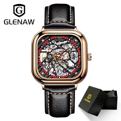 Design Mechanical Watch for Men Fashion Business High Quality Leather Automatic Watches Square Stainless Steel Clock+Box