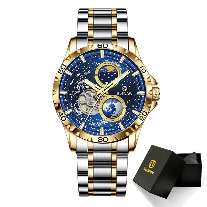 Rotating Earth Double Second Hand Wristwatch Men Automatic Mechanical Watch Starry Sky Stainless Steel Leather Watchband