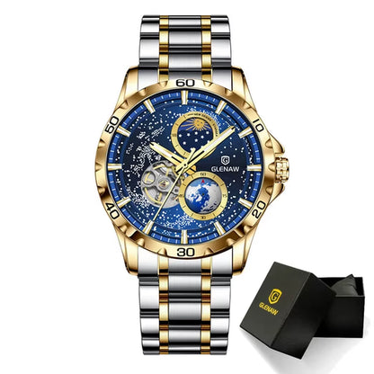 Rotating Earth Double Second Hand Wristwatch Men Automatic Mechanical Watch Starry Sky Stainless Steel Leather Watchband