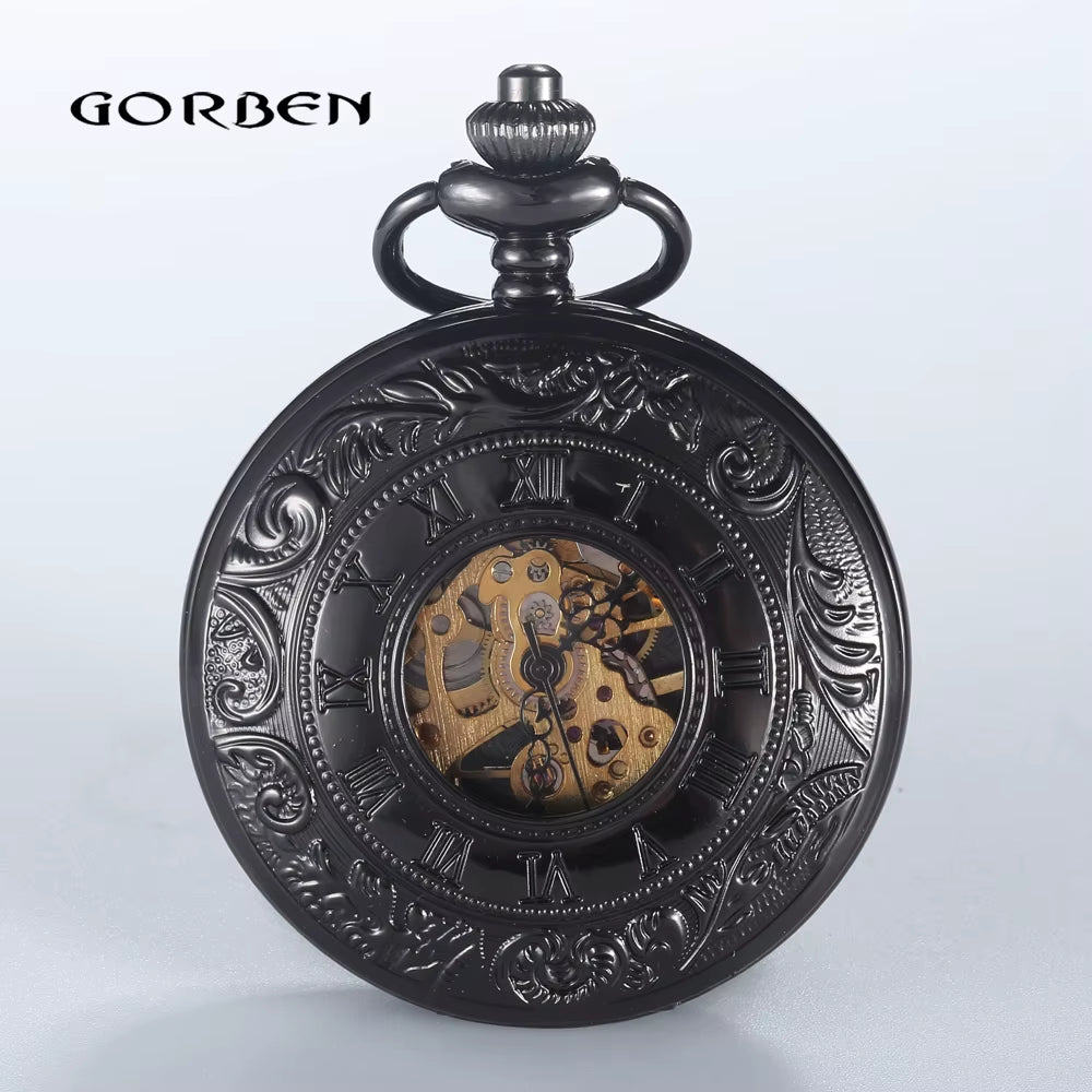 Retro Hand Wind Mechanical Pocket Watch with Fob Chain Mens Hollow Skeleton Dial Black Steel Fashion Quartz Pocket Watch Gifts