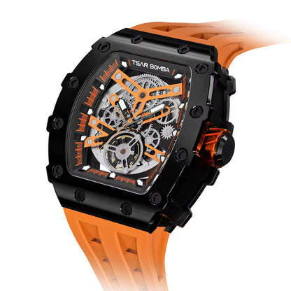 Mens Automatic Watch MIYOTA Movement Skeleton Tonneau Waterproof Wristwatch Luxury Clock Mechanical Watch for Men