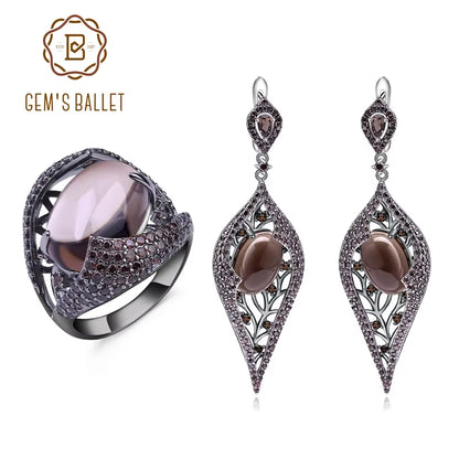 Natural Smoky Quartz Vintage Gothic Punk Jewelry Set 925 Sterling Silver Earrings Ring Set for Women Fine Jewelry