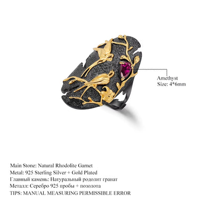 Nature Rhodolite Garnet Adjustable Cocktail Rings for Women 925 Sterling Silver Handmade Golden Bird Art Jewelry