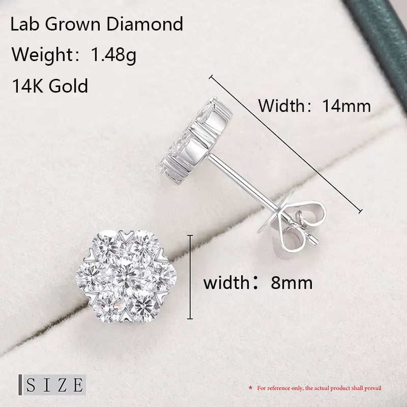 14K White Gold Stud Earrings for Women Men Honeycomb Flower Lab Grown Diamond round Ear Studs Fine Wedding Birthday Jewelry Gift