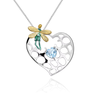 925 Sterling Silver Handmade Enamel Elves Broken Heart Pendant Necklace Natural Sky Blue Topaz for Women Jewelry