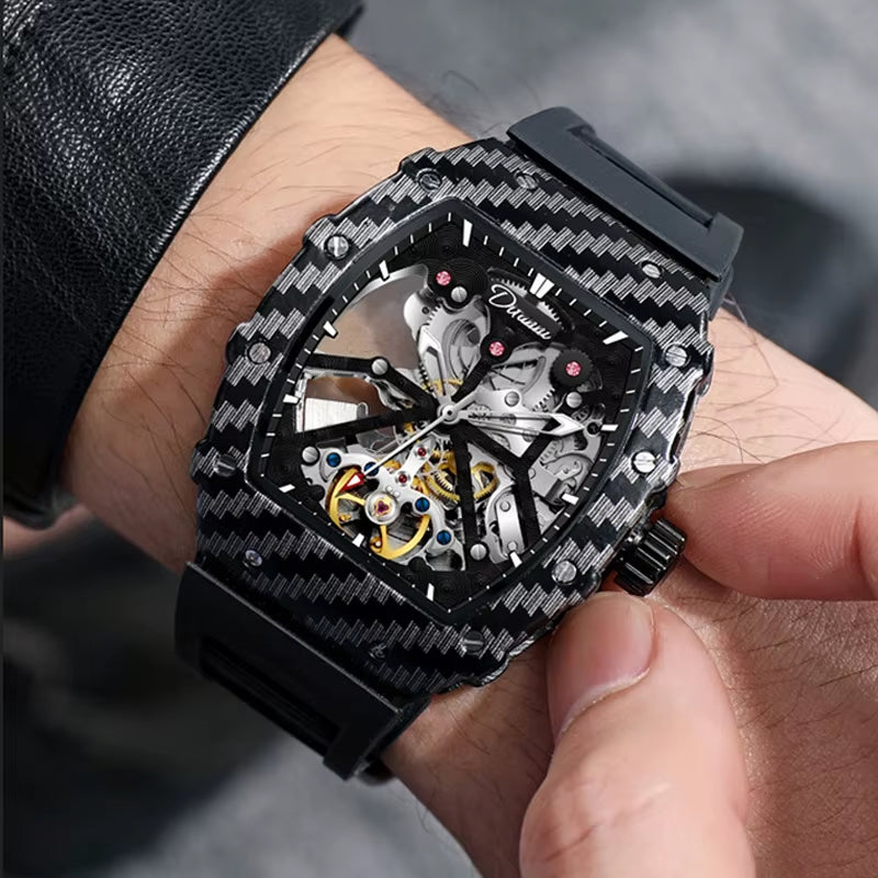 Tourbillion Mechanical Watch for Men Silicone Strap Skeleton Tonneau Automatic Mens Watches Top Brand Luxury Reloj Hombre