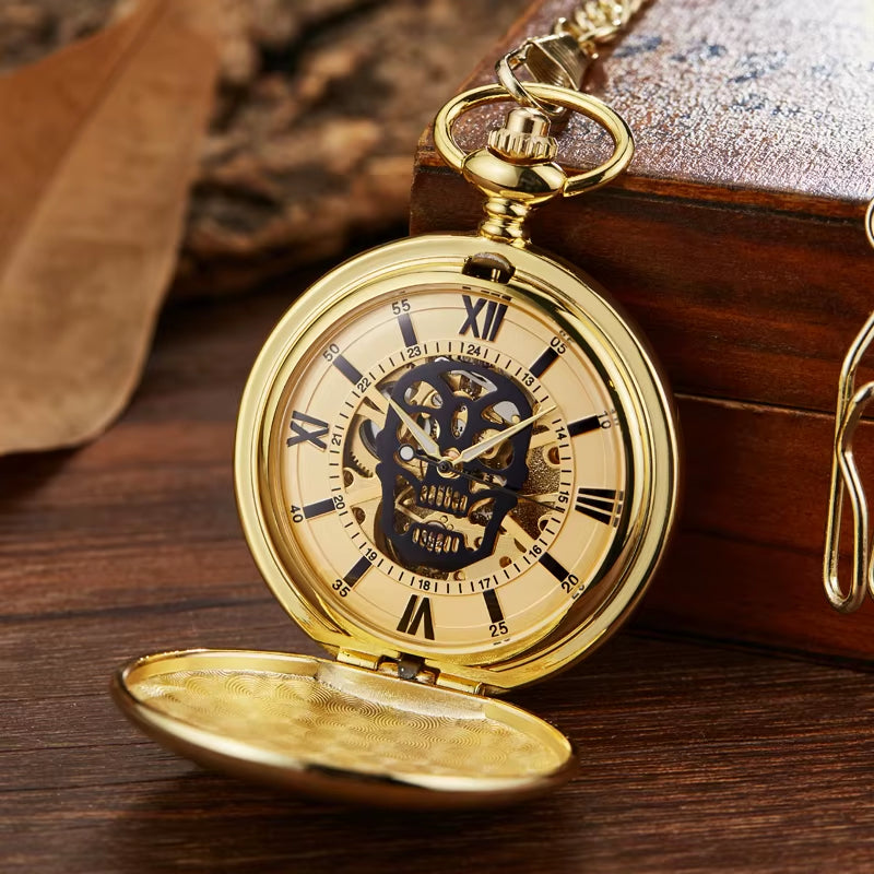 Retro Hand Wind Mechanical Pocket Watch with Fob Chain Mens Hollow Skeleton Dial Black Steel Fashion Quartz Pocket Watch Gifts