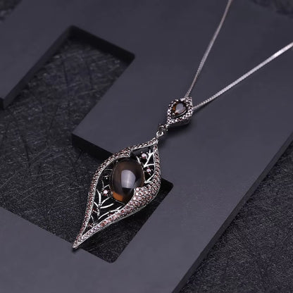 925 Sterling Sliver Natural Smoky Quart Gemstone Vintage Gothic Punk Pendant Necklace for Women Party Jewelry