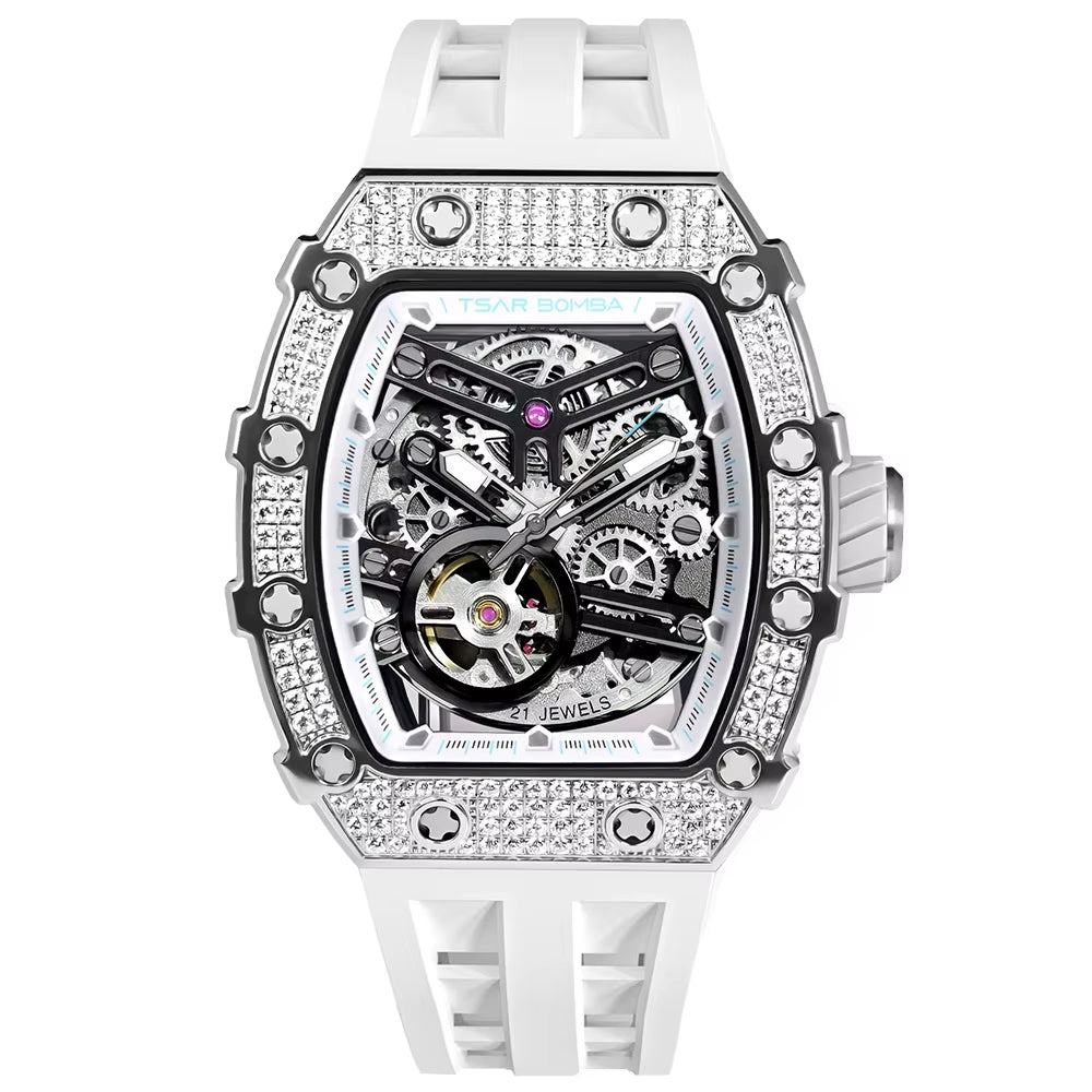 Watches for Men Diamond Automatic Watches Luxury Mens Mechanical Watch White Wristwatch Waterproof Skeleton Clock