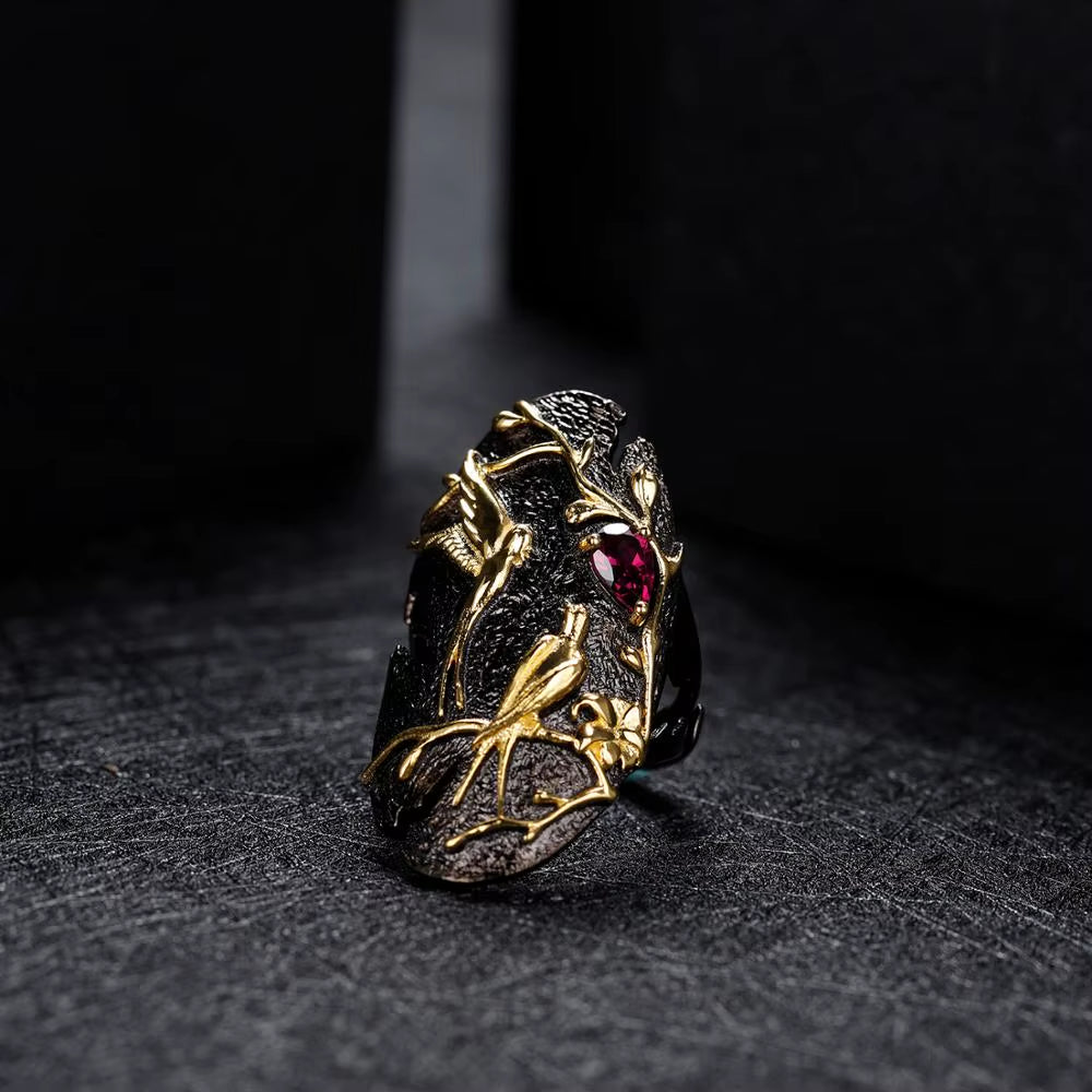 Nature Rhodolite Garnet Adjustable Cocktail Rings for Women 925 Sterling Silver Handmade Golden Bird Art Jewelry