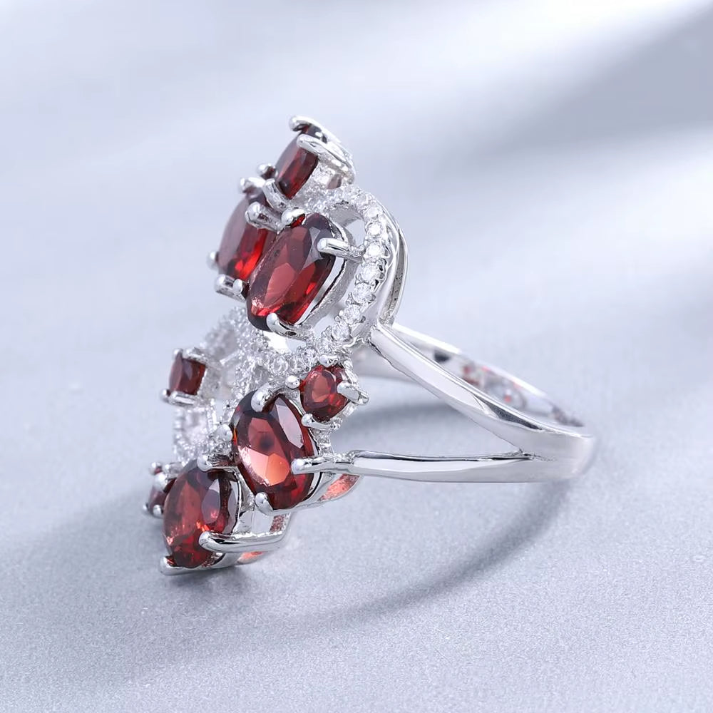 Natural Red Garnet Vintage Flower Jewelry Set 925 Sterling Silver Gemstone Earrings Ring Set for Women Fine Jewelry