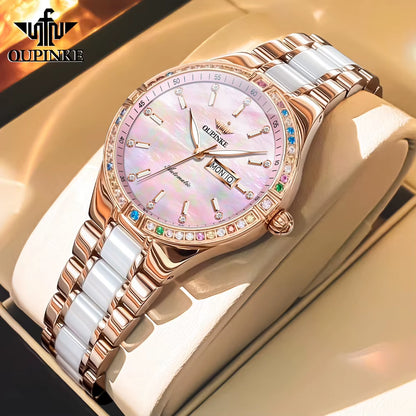 3283 Women'S Watch Elegant Ceramic Strap Luxury Brand Sapphire Calendar Week Waterproof Women Automatic Mechanical Watch