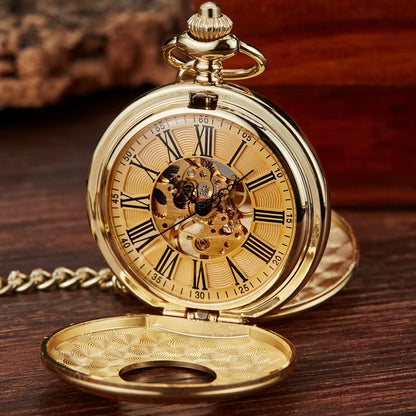 Retro Hand Wind Mechanical Pocket Watch with Fob Chain Mens Hollow Skeleton Dial Black Steel Fashion Quartz Pocket Watch Gifts