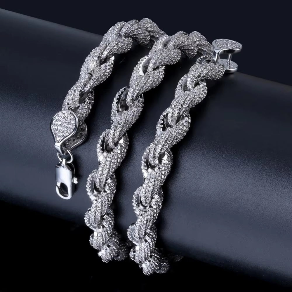 8Mm Rope Chain Hip Hop Necklace Gold/Silver Plated Iced Out Micro Pave AAA CZ Stones Charm Chain for Men and Women