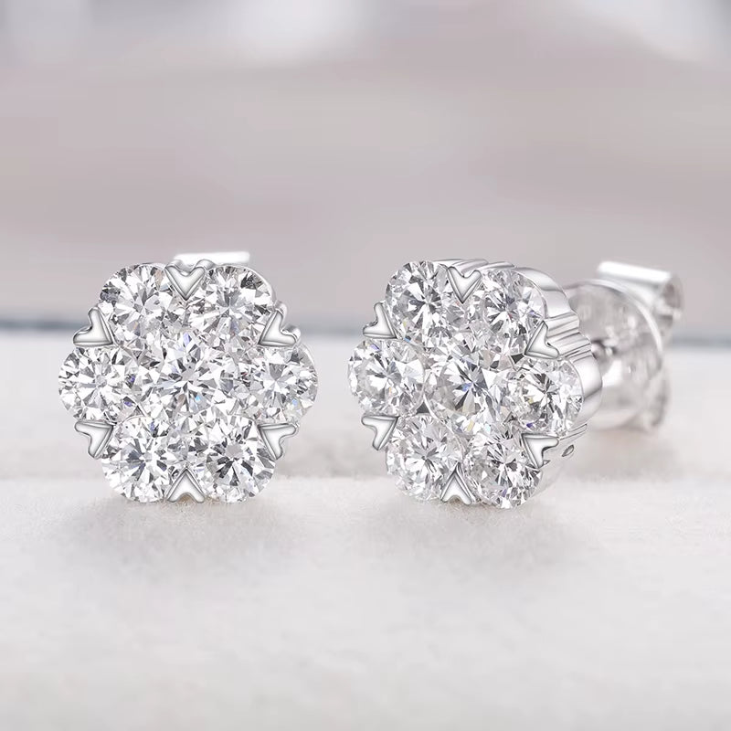 14K White Gold Stud Earrings for Women Men Honeycomb Flower Lab Grown Diamond round Ear Studs Fine Wedding Birthday Jewelry Gift