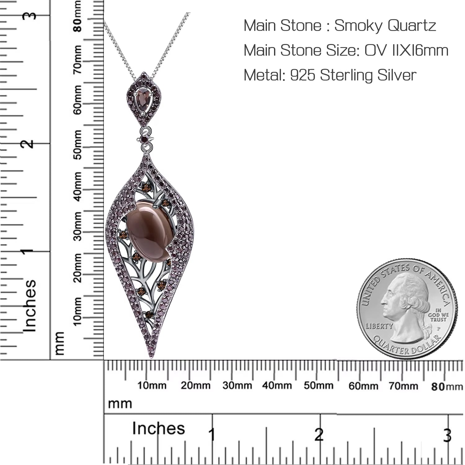 925 Sterling Sliver Natural Smoky Quart Gemstone Vintage Gothic Punk Pendant Necklace for Women Party Jewelry