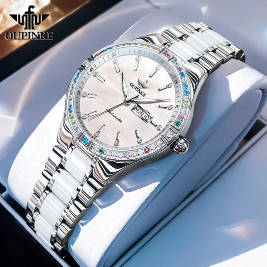 Mechanical Watch for Women Stainless Steel Ceramic Strap Sapphire Mirror Waterproof Luminous Calendar Week Ladies Watch