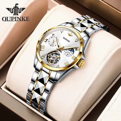 3202 Skeleton Flywheel Mechanical Wrist Watch for Women Moon Phase Chronograph Waterproof Elegant Ladies Automatic Watch