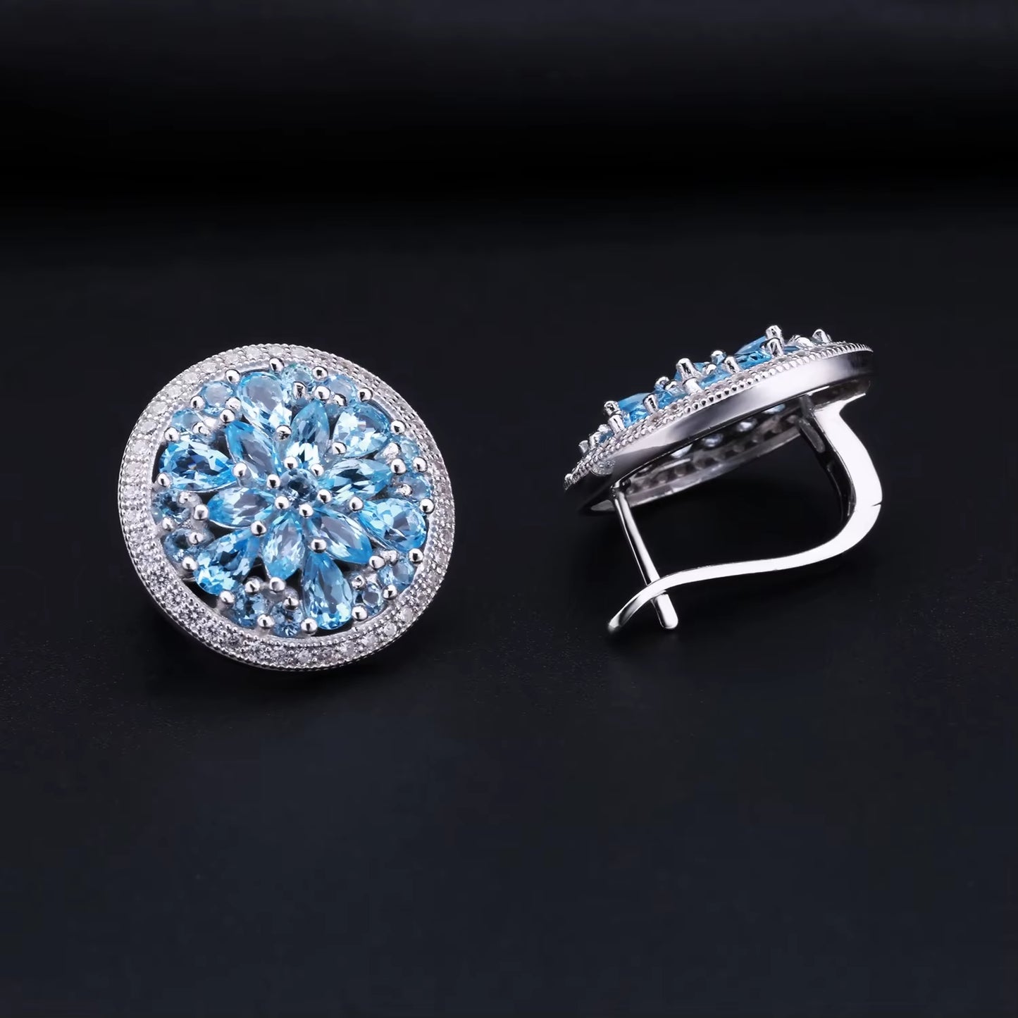 -Luxury Natural Swiss Blue Topaz Gemstone Earrings for Women, 925 Sterling Silver Stud, Wedding Fine Jewelry