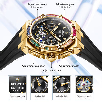 6022 Man Watch Brand Original Silicone Strap Hollow Out Rainbow Diamond Men'S Mechanical Wristwatch Dual Calendar Busines