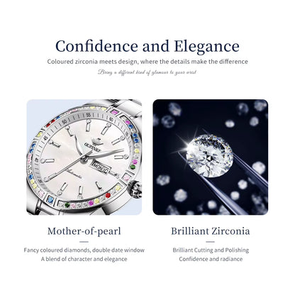 Mechanical Watch for Women Stainless Steel Ceramic Strap Sapphire Mirror Waterproof Luminous Calendar Week Ladies Watch