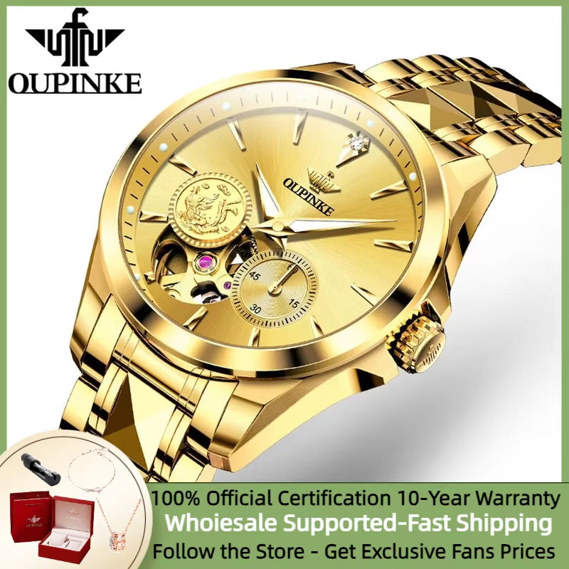 Luxury Brand Automatic Watch for Women Gold Wristwatch Skeleton Tungsten Steel Waterproof Lady Bracelet Wristwatch Set