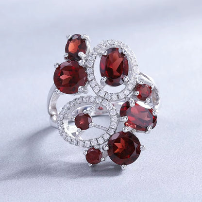 Natural Red Garnet Vintage Flower Jewelry Set 925 Sterling Silver Gemstone Earrings Ring Set for Women Fine Jewelry