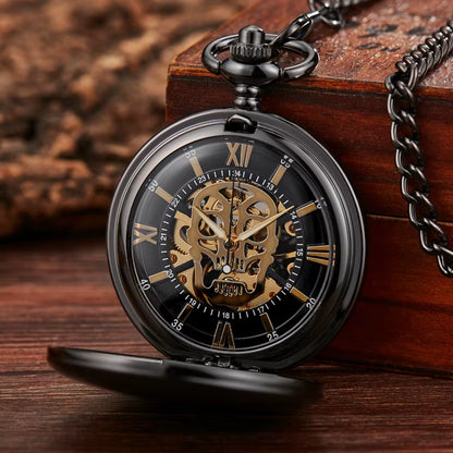 Retro Hand Wind Mechanical Pocket Watch with Fob Chain Mens Hollow Skeleton Dial Black Steel Fashion Quartz Pocket Watch Gifts