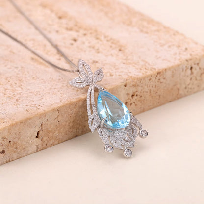 Nautral Sky Blue Topaz Vintage Necklace Bridal Statement Pendant Necklace in 925 Sterling Silver Luxury Jewelry