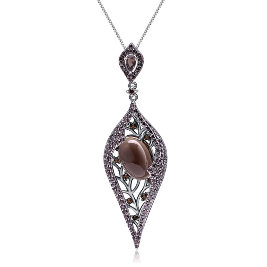 925 Sterling Sliver Natural Smoky Quart Gemstone Vintage Gothic Punk Pendant Necklace for Women Party Jewelry