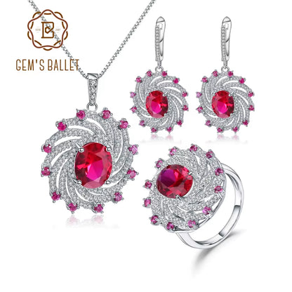 Luxury Lab Created Ruby Vintage Jewelry Set 925 Sterling Silver Ring Earrings Pendant Sets for Women Fine Jewelry