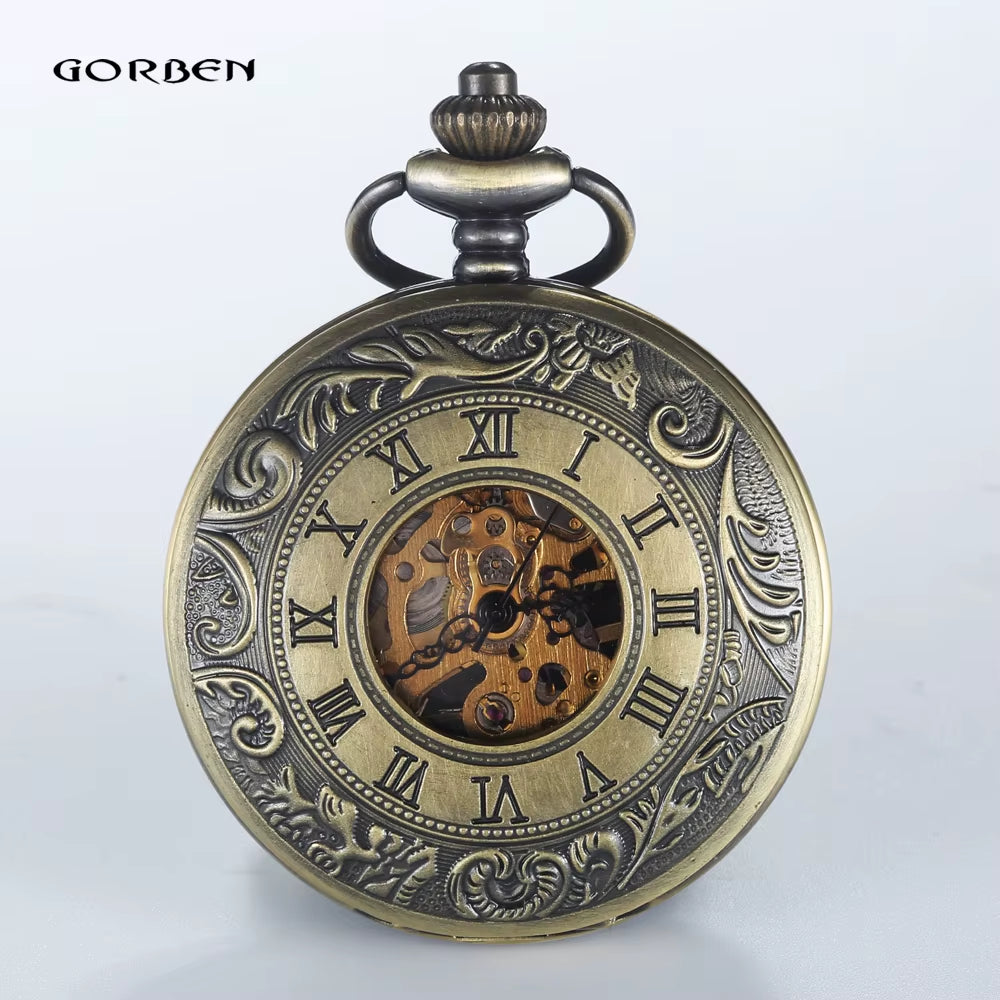 Retro Hand Wind Mechanical Pocket Watch with Fob Chain Mens Hollow Skeleton Dial Black Steel Fashion Quartz Pocket Watch Gifts