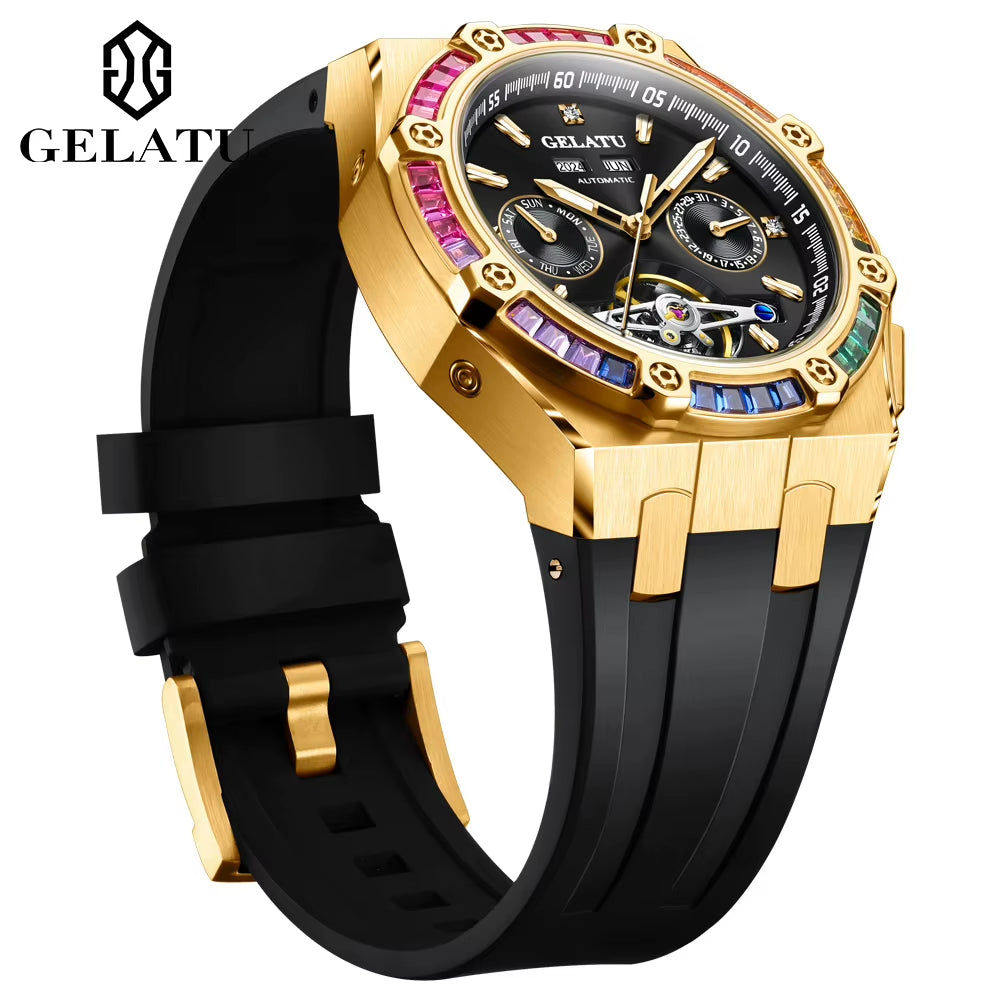 6022 Man Watch Brand Original Silicone Strap Hollow Out Rainbow Diamond Men'S Mechanical Wristwatch Dual Calendar Busines