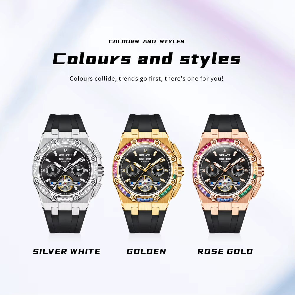 6022 Man Watch Brand Original Silicone Strap Hollow Out Rainbow Diamond Men'S Mechanical Wristwatch Dual Calendar Busines