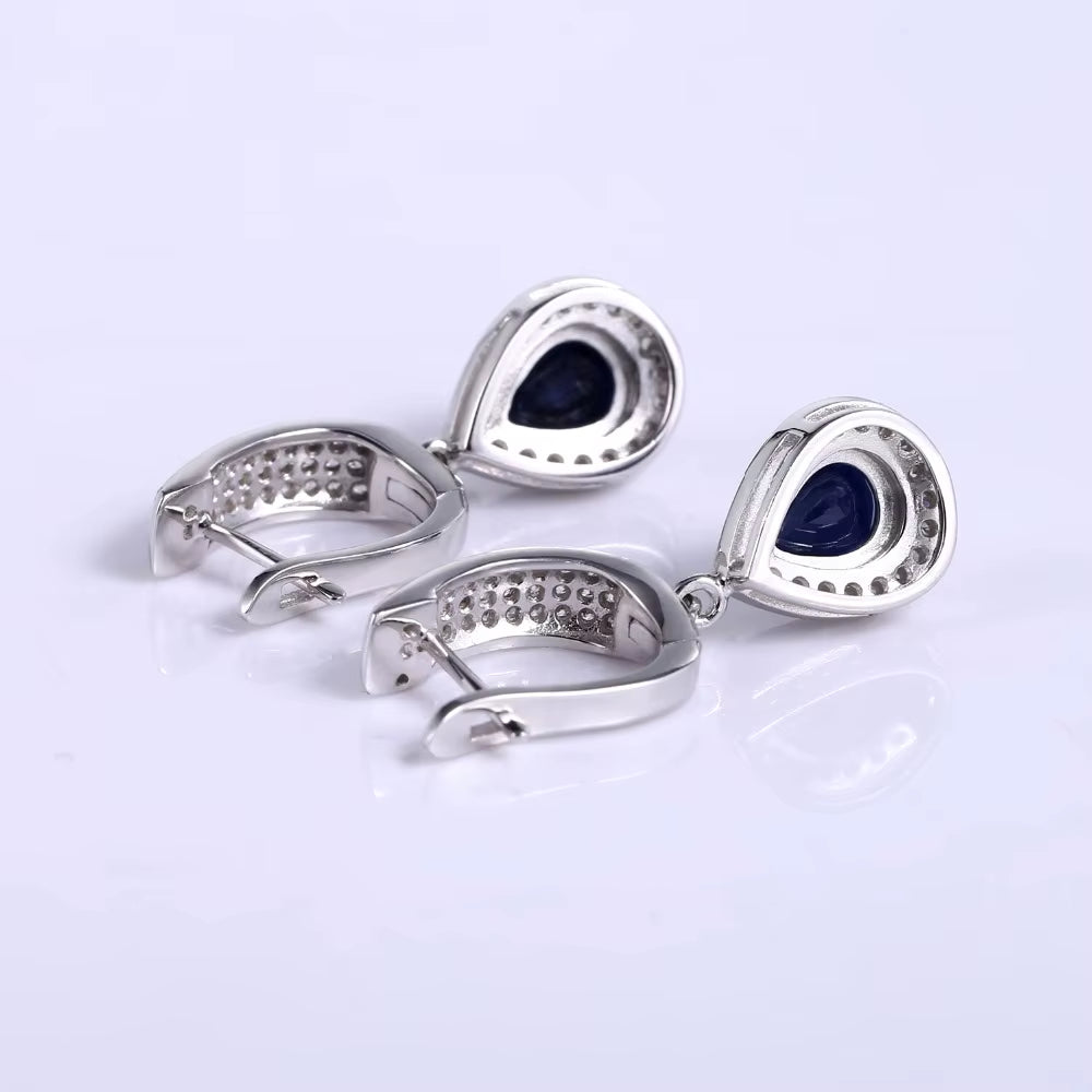 Classic Natural Blue Sapphire Gemstone Jewelry Set 925 Sterling Silver Pendant Earrings Ring Set for Women